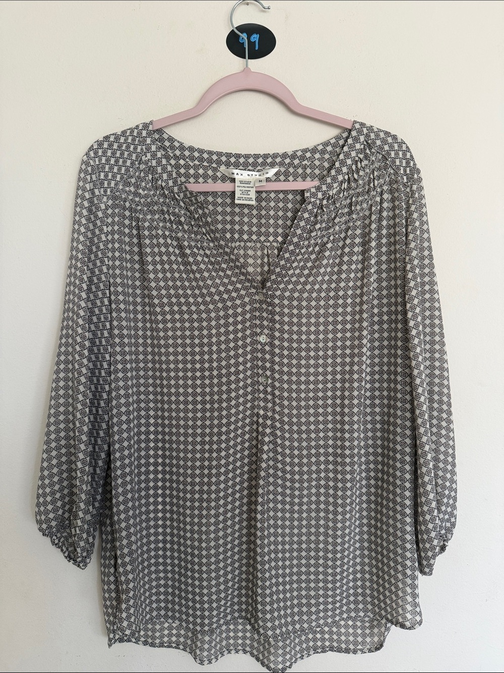 Max Studio Black & White Geometric Split-Neck Blouse